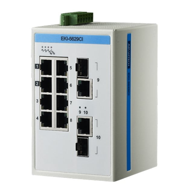 Advantech ProView 8-Port Gigabit Industrial Switch with 2x RJ45/SFP Combo, Extreme Temp -40~75℃ (EKI-5629CI-AE)