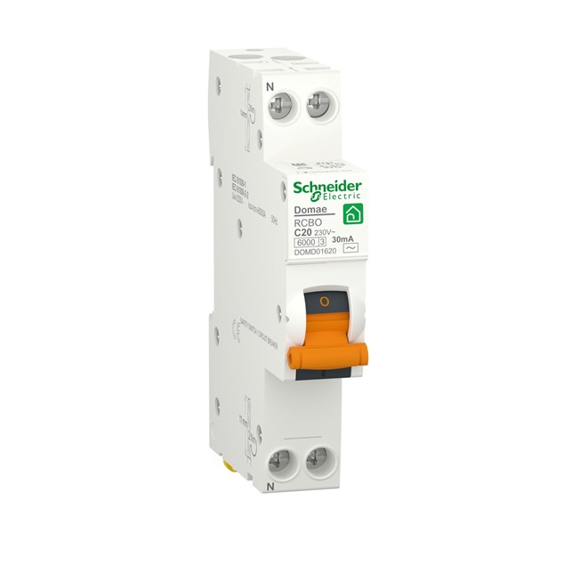 Schneider RCBO, Domae, 1P + N, 20 A, C Curve, 30 mA, type AC, 6000 A