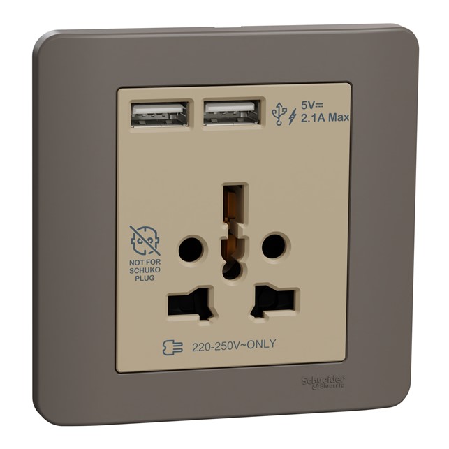 Stop Kontak Schneider ZENcelo 16A International Socket with 2.1A USB, Silver Bronze