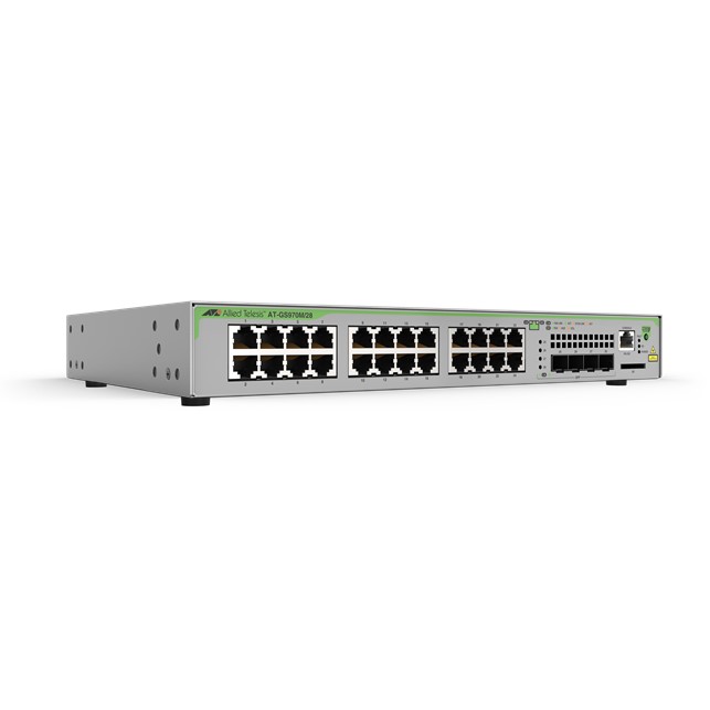 Allied Telesis L3 Stackable Switch, 24x 10/100/1000-T, 2x 1/2.5/5/10G-T, 2x SFP+ Ports. (AT-GS970EMX/28-50)