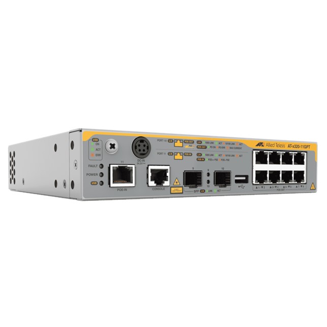 Allied Telesis L3 Gigabit Switch, 8x 10/100/1000-T PoE+, 1x 10/100/1000-T PoE-in, 2x SFP Ports, PoE pass-through support. (AT-x320-11GPT-B50)