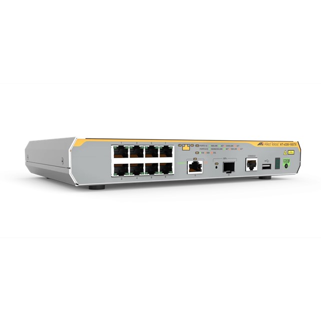 Allied Telesis L3 Switch, 8x 10/100/1000-T, 1x 1/2.5/5/10G-T, 1x SFP+ Ports and a single fixed PSU, EU Power Cord. (AT-x330-10GTX-B55)