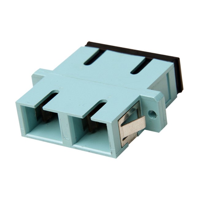 Commscope Fiber optic connector, SC duplex OM3/OM4 adapter, flanged, ceramic sleeve, Aqua (2-5502776-6)